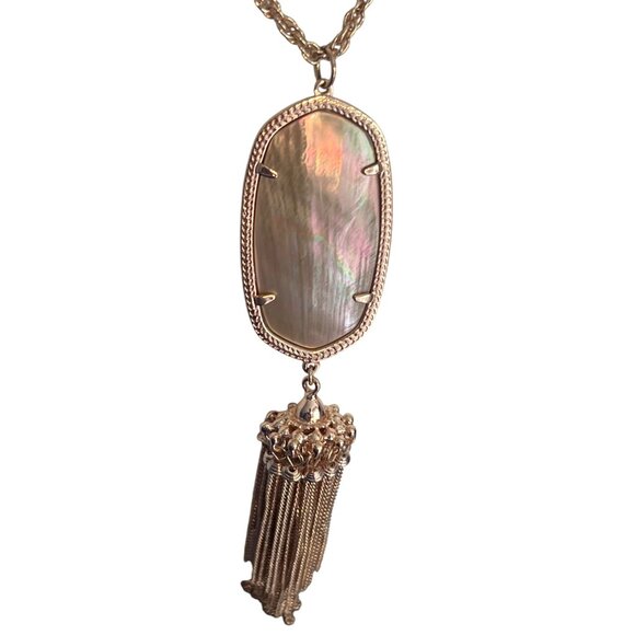 Kendra Scott Rose Gold Scott Rayne Tassel Necklace Mother of Pearl MOP 32" Chain - Picture 2 of 6